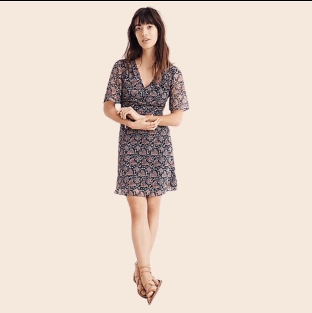 Madewell Navy Orchard Flutter-Sleeve Dress in Fan Floral Mix Size 2